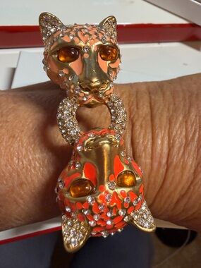 J. Crew Gold-Tone Double Leopard Bracelet with Orange Enamel and Crystal Accents